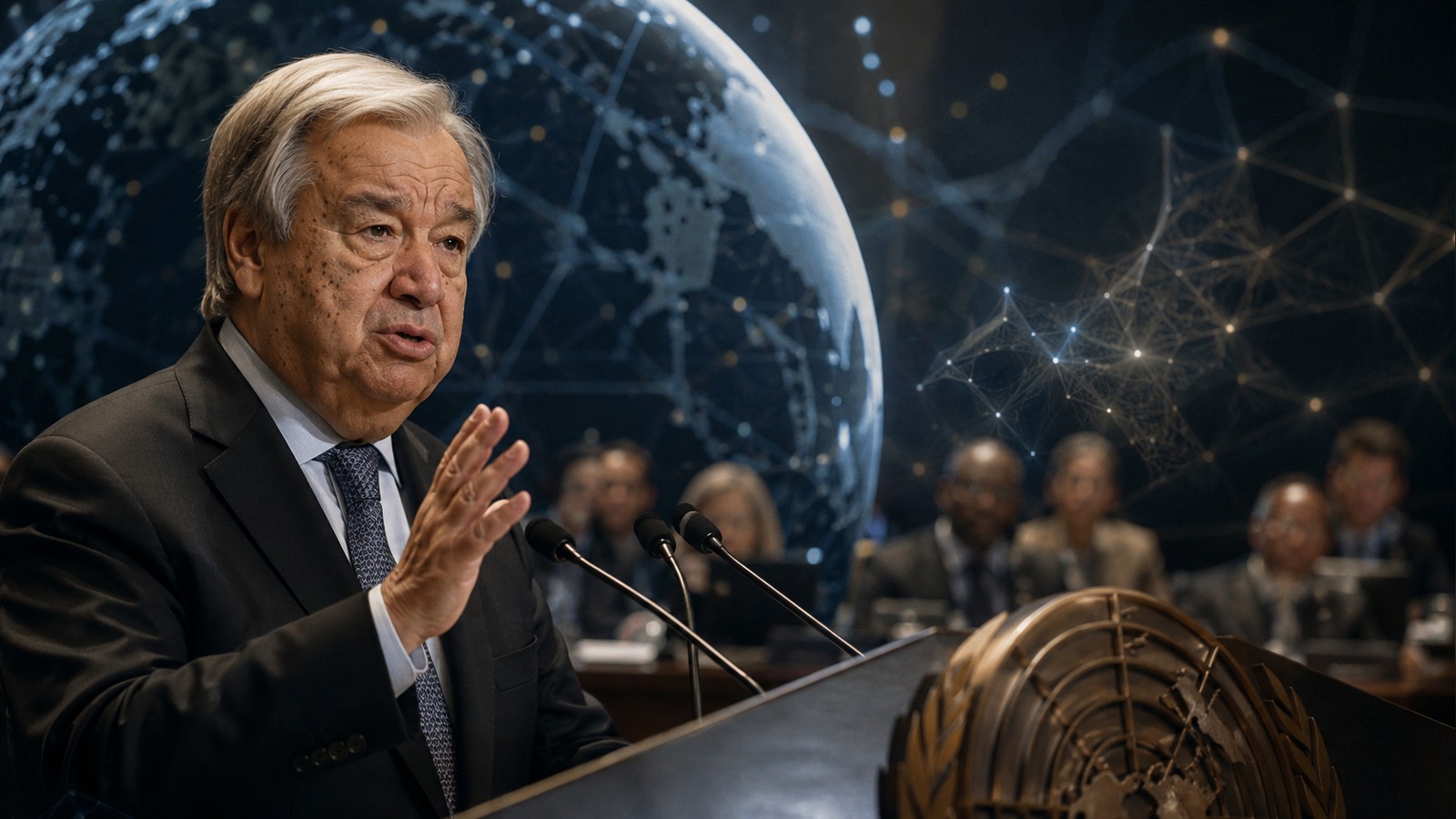 Imagem editorial: Guterres apela à regulação 'sem demora' da IA, alertando para perda de controlo