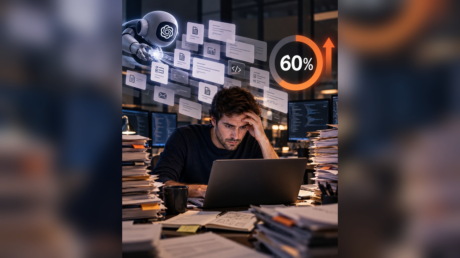 Imagem editorial: Inteligência artificial aumenta carga de trabalho a 60% dos profissionais de tecnologia