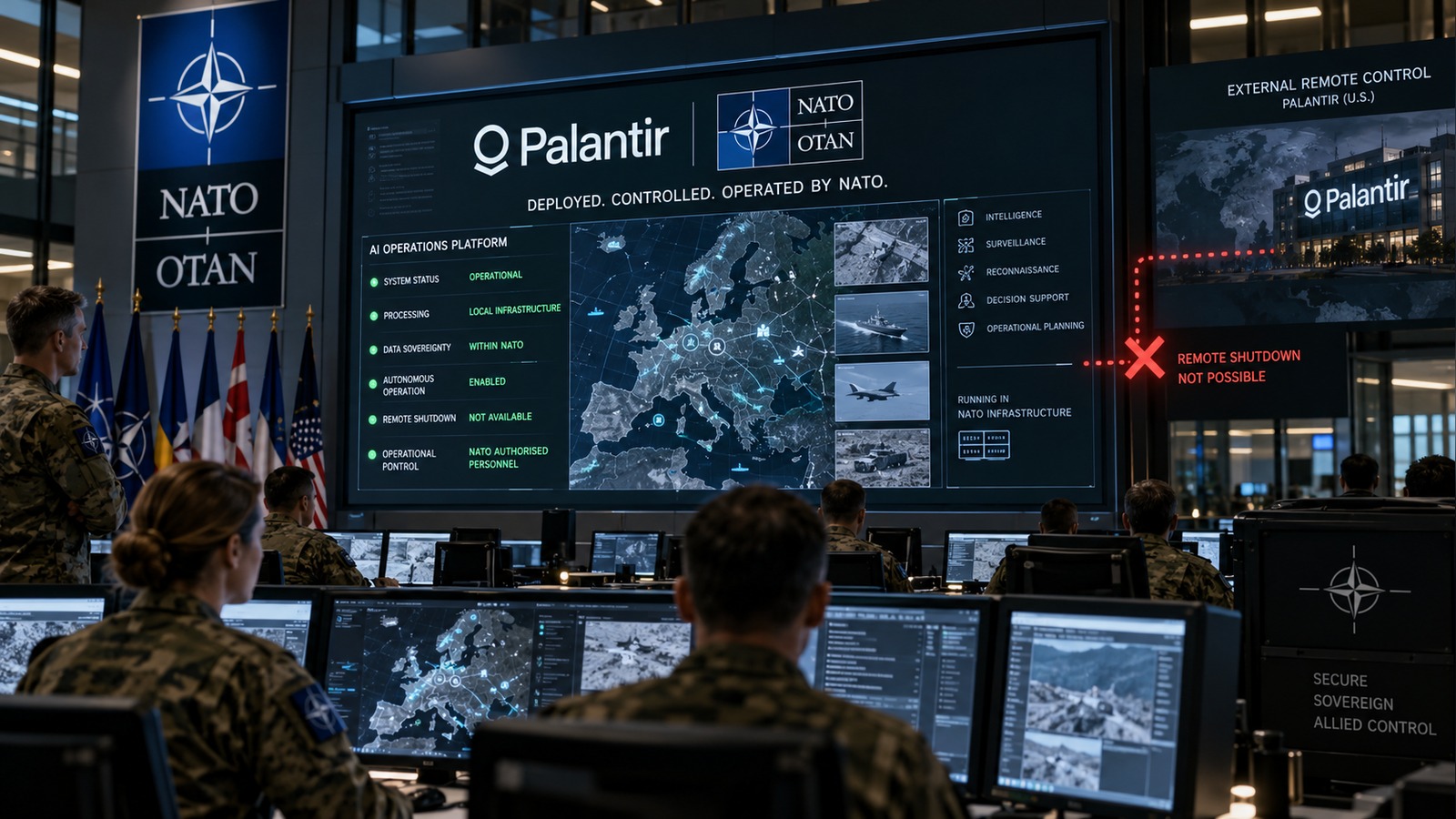 Imagem editorial: Palantir diz não poder desligar à distância o sistema de IA da NATO